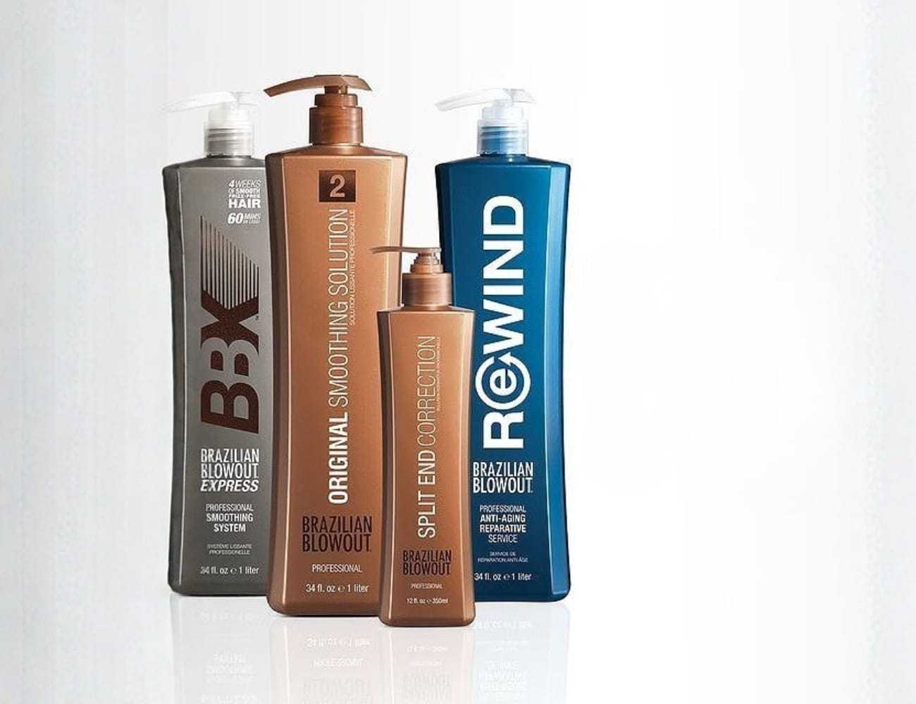Hair care products including Brazilian Blowout and BBX bottles.